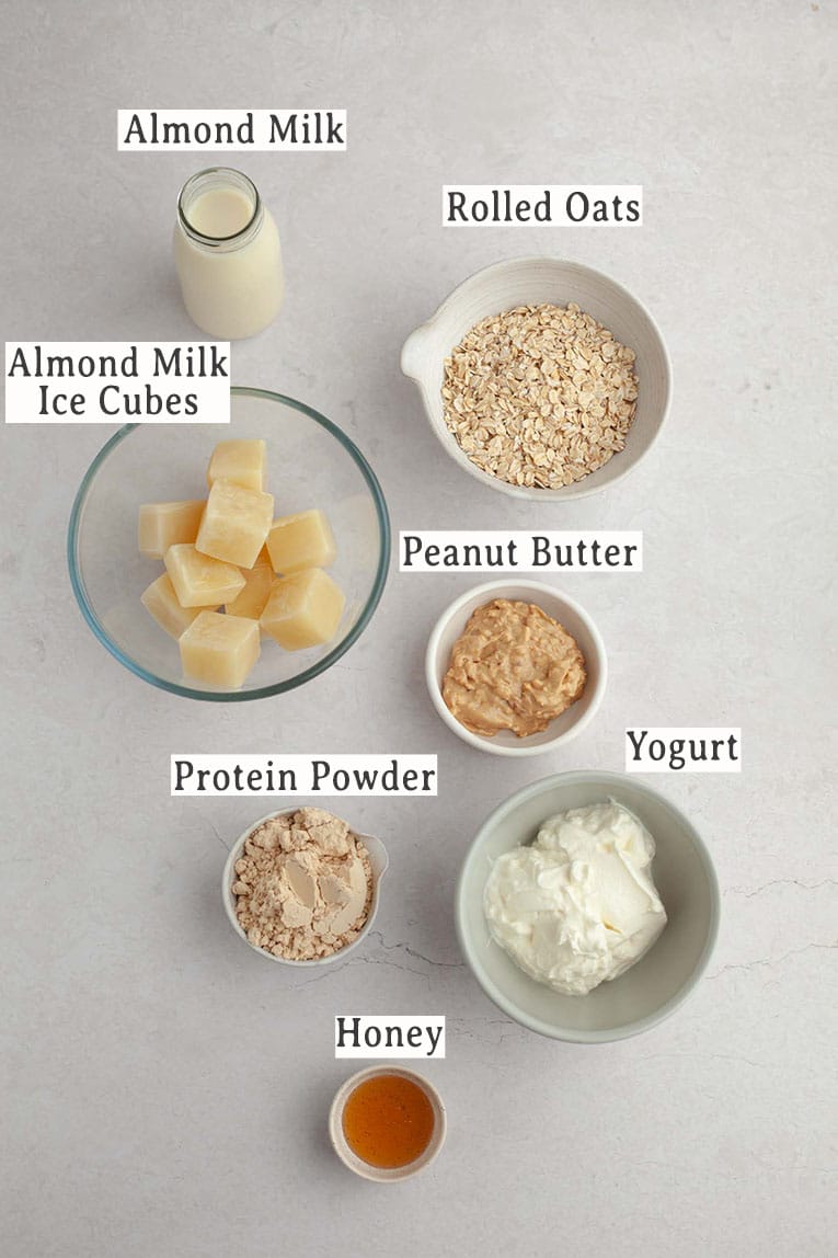 Ingredients for peanut butter smoothie made with oatmeal and no banana.