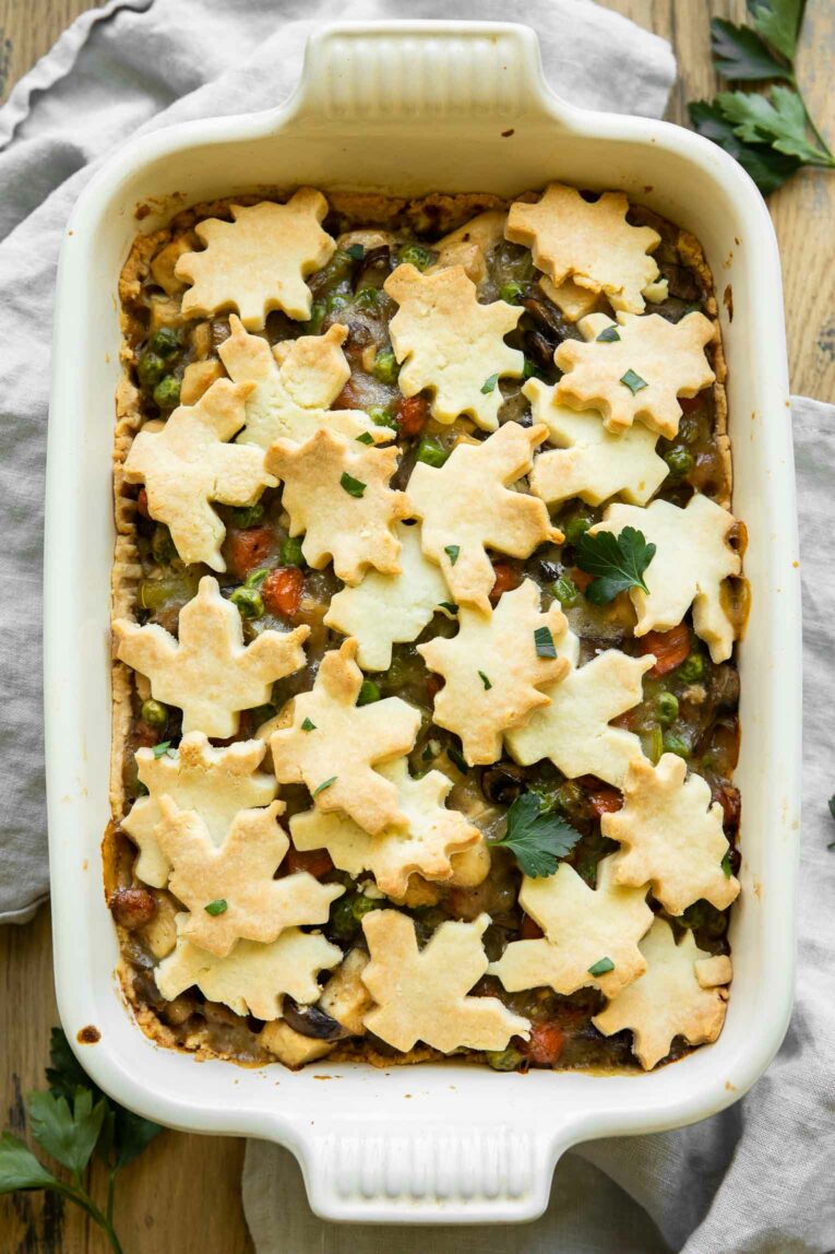 Top shot photo of gluten-free chicken pot pie casserole.