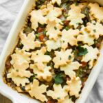 Gluten free chicken pot pie casserole recipe with pie crust shapes.