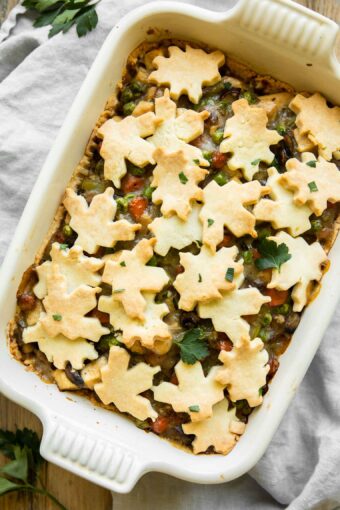 Gluten free chicken pot pie casserole recipe with pie crust shapes.