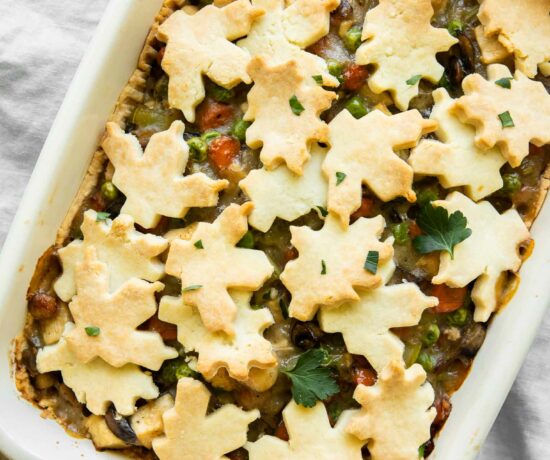 Gluten free chicken pot pie casserole recipe with pie crust shapes.