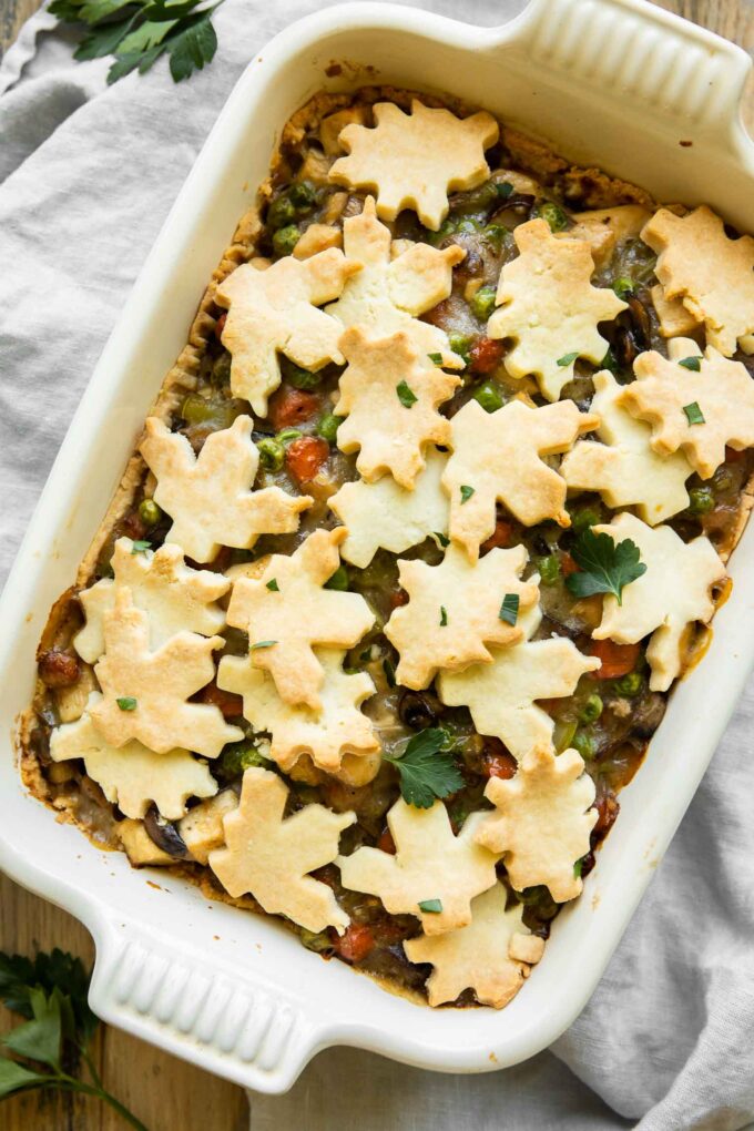 Gluten free chicken pot pie casserole recipe with pie crust shapes.