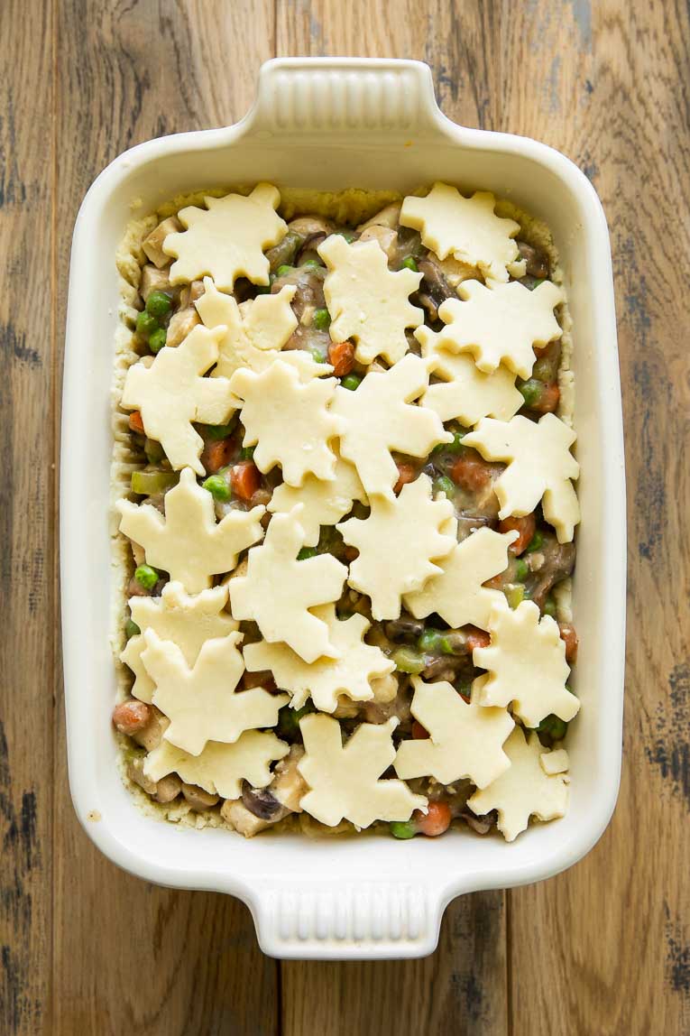 Gluten free chicken pot pie casserole with pie crust shapes on top.