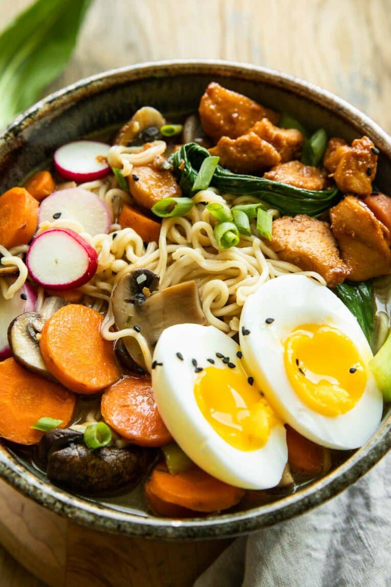 Angled photo of Spicy chicken ramen recipe.