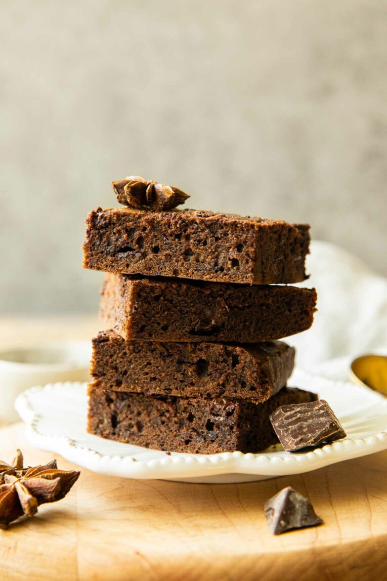 Across photo of stack of sweet potato brownies.