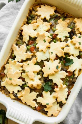 Gluten free chicken pot pie casserole recipe with pie crust shapes.