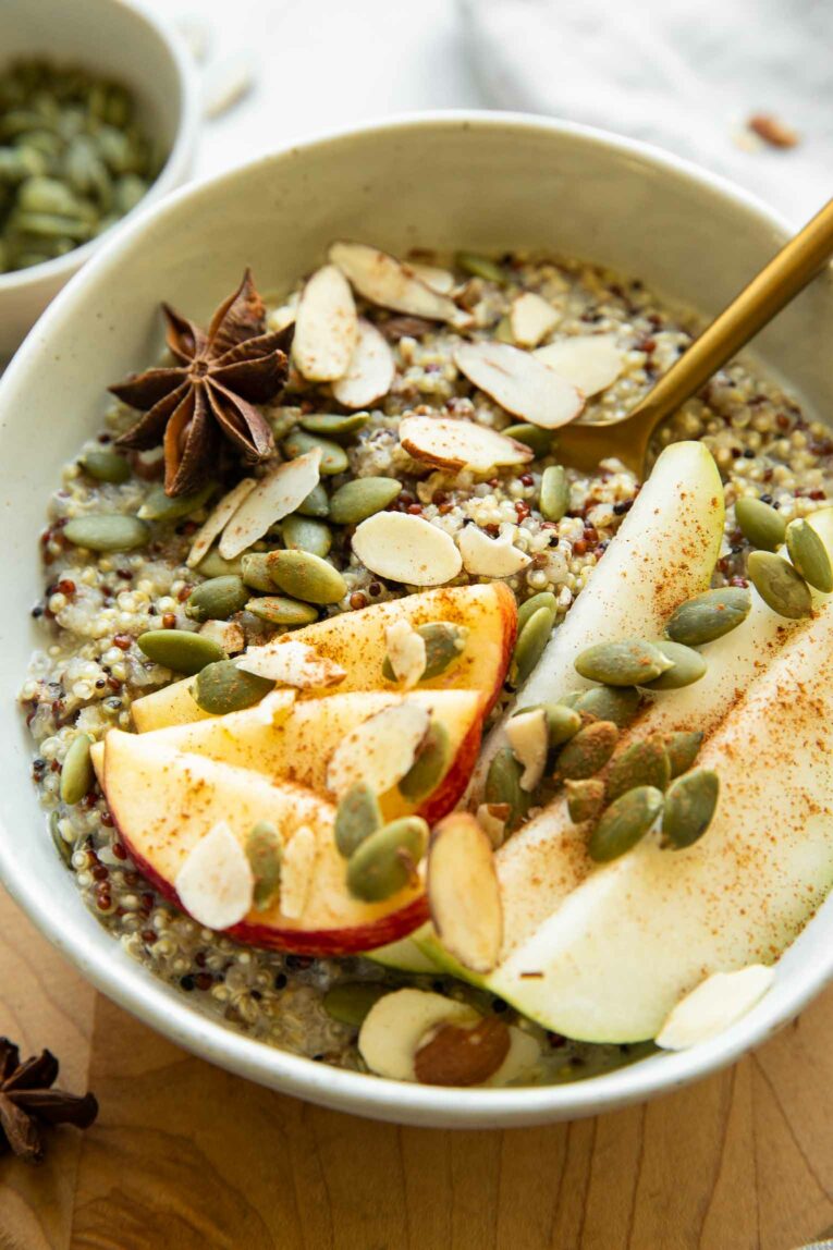 Angled photo of Fall Breakfast Quinoa Bowl.