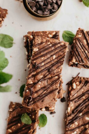 Mint dark chocolate protein bars with mint and chocolate chips on a white background.