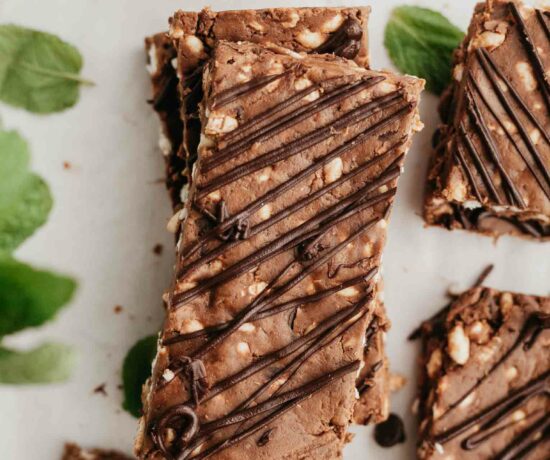 Mint dark chocolate protein bars with mint and chocolate chips on a white background.