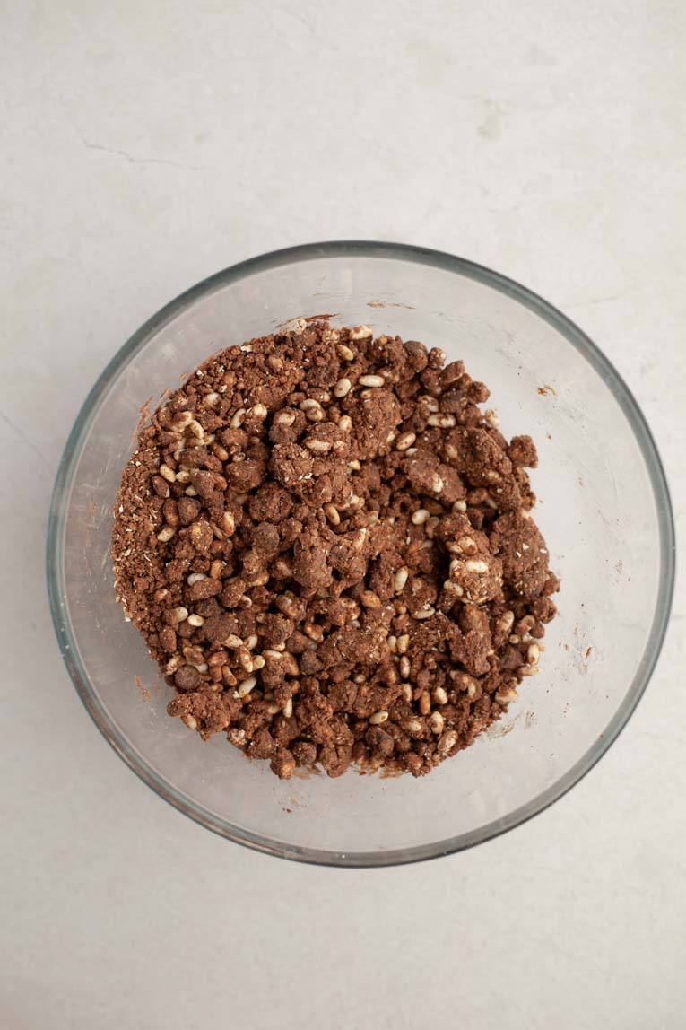 Chocolate protein bars dough in a  bowl.