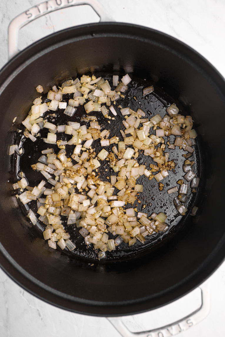 Onions and garlic being cooked.