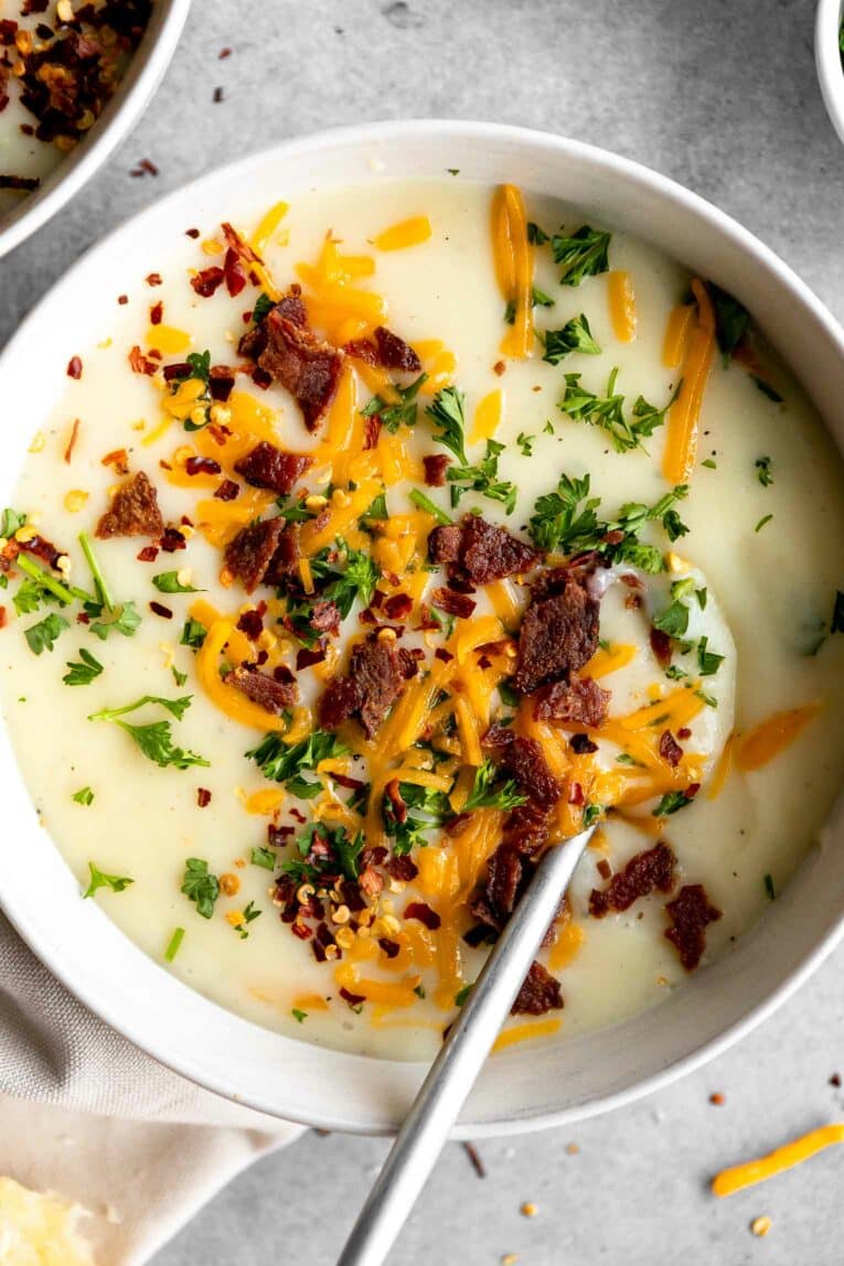 Close up of 4-Ingredient Potato Soup in a large bowl.