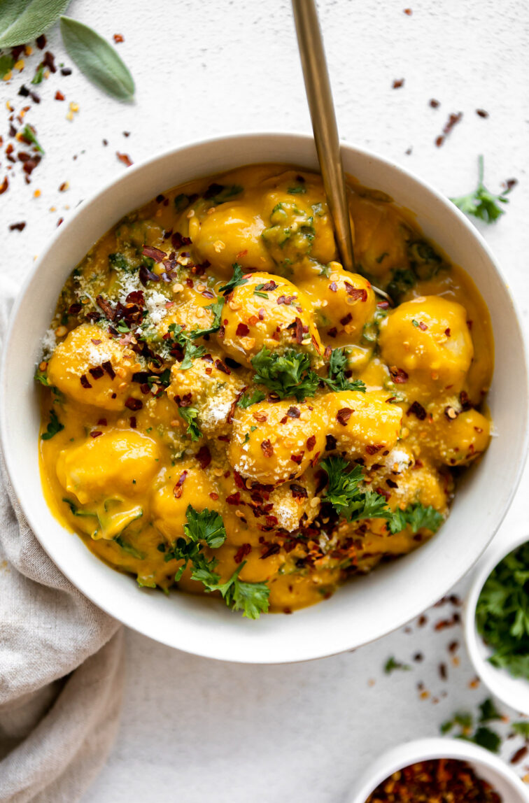 Creamy butternut squash gnocchi recipe in a bowl.