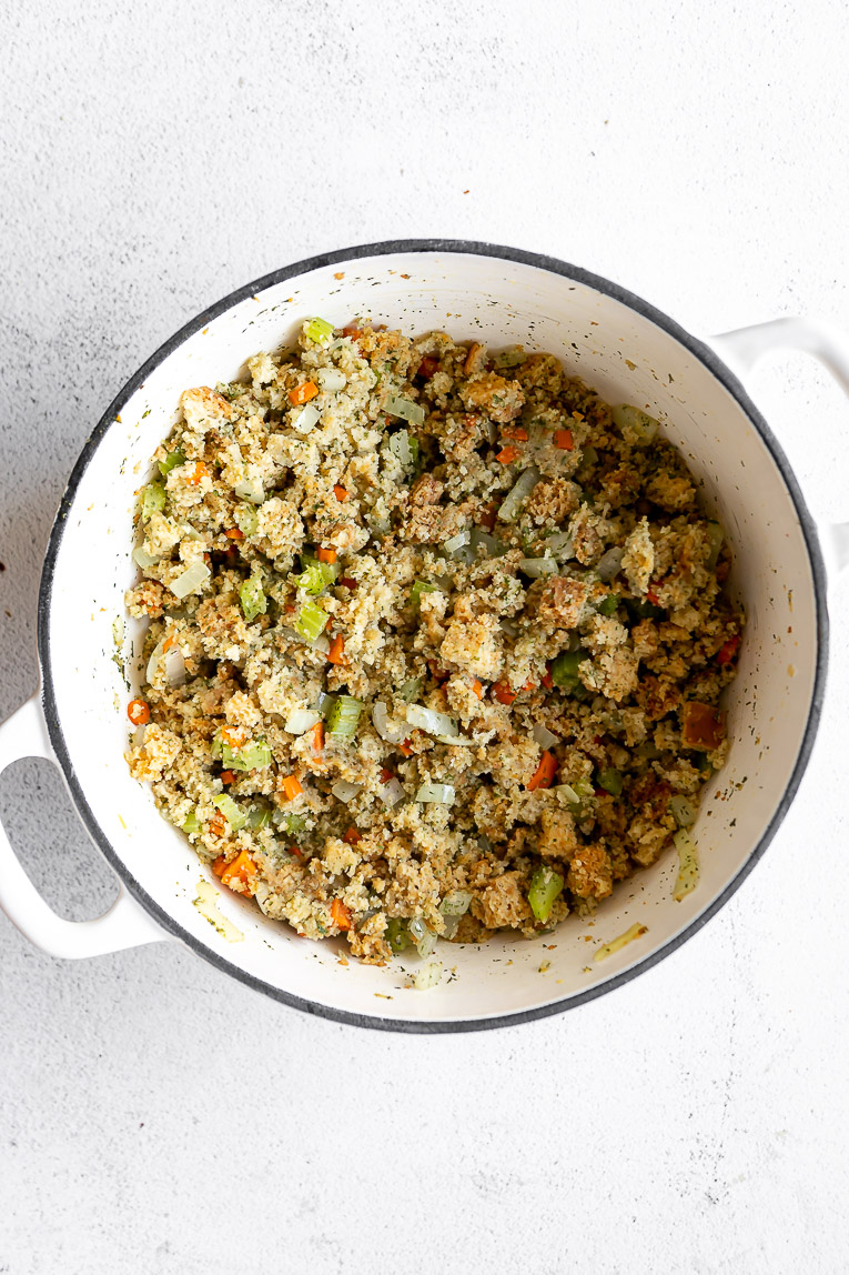 Chicken stuffing cooked in a dutch oven.