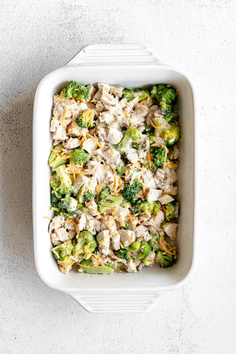 Chicken broccoli casserole in a baking dish.