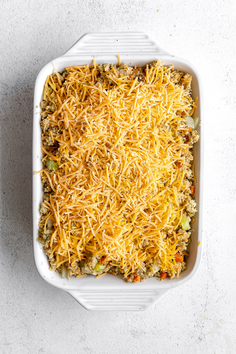 Cheese on top of chicken broccoli stuffing casserole.