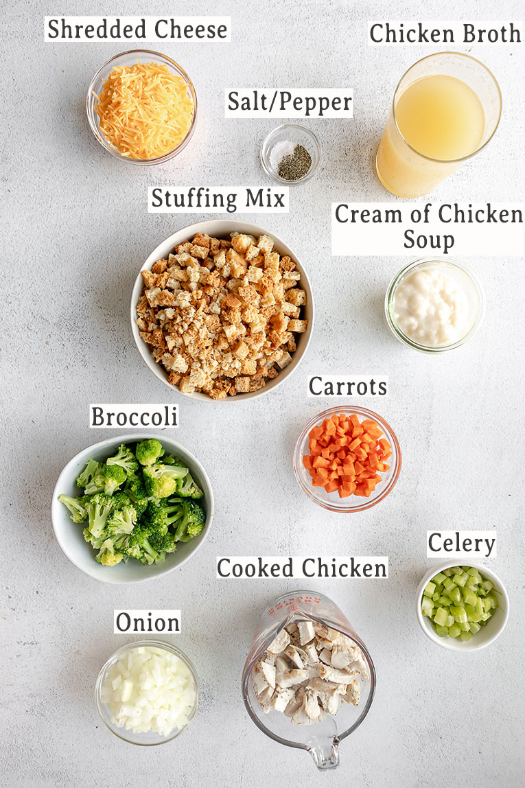 Ingredients for chicken broccoli stuffing casserole recipe.