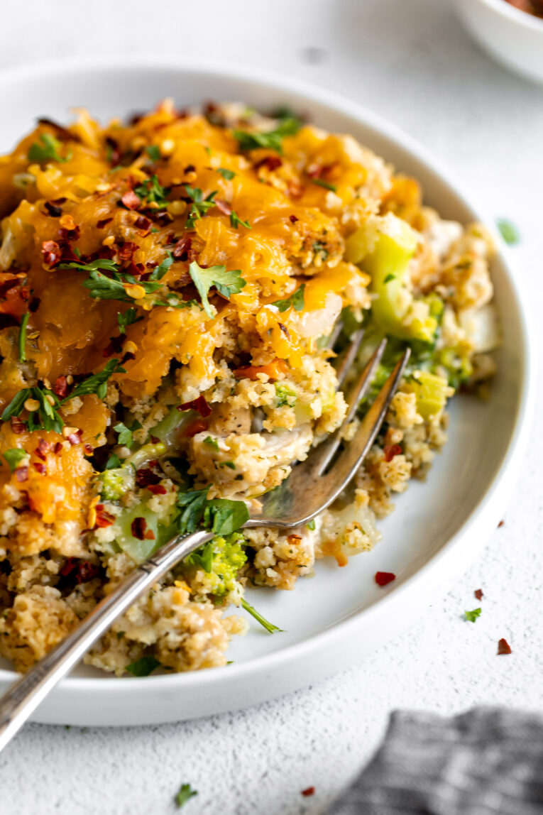 Chicken Broccoli Stuffing Casserole on a white plate.