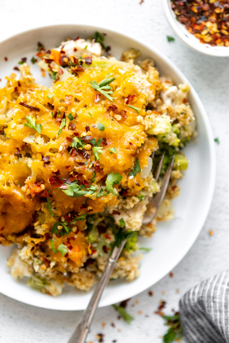 Top shot photo of Chicken Broccoli Stuffing Casserole on a plate.