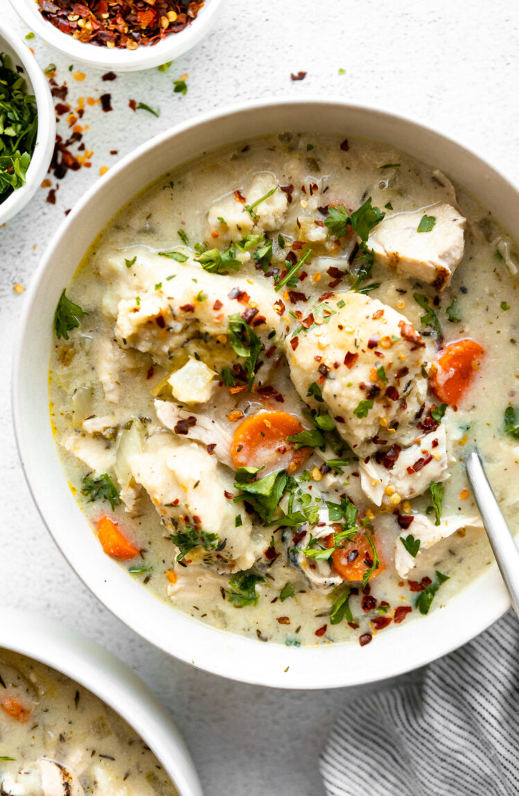 Close up of gluten-free chicken and dumplings.