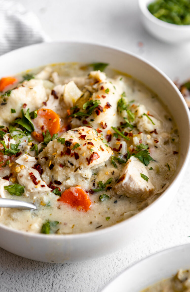 Angled photo of Gluten-Free Chicken & Dumplings in a bowl.