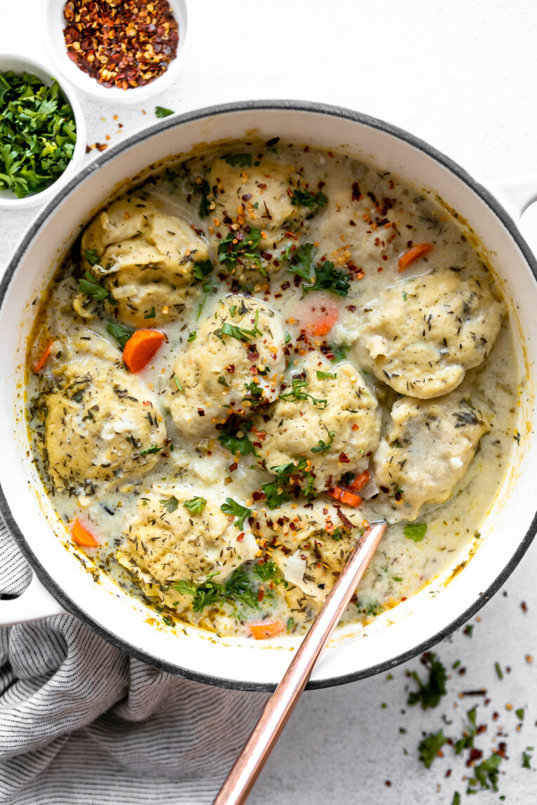 Gluten-Free Chicken & Dumplings in a dutch oven.