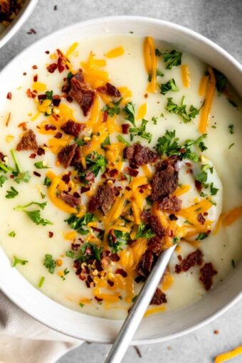 Close up of 4-Ingredient Potato Soup in a large bowl.