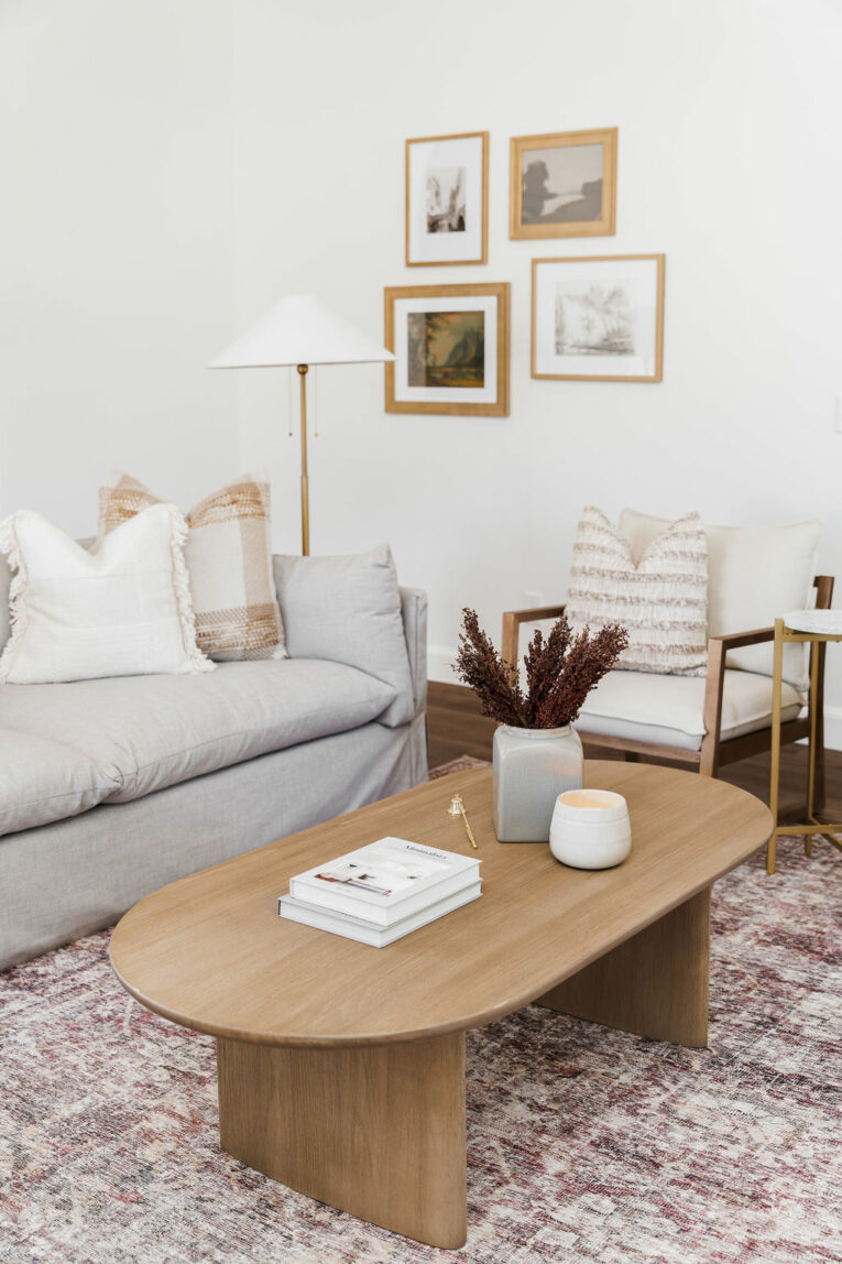 Styled coffee table in living room.