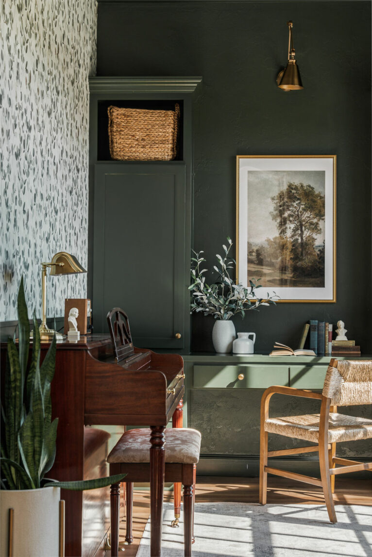 Close up of Jar Of Lemons' dark green study.