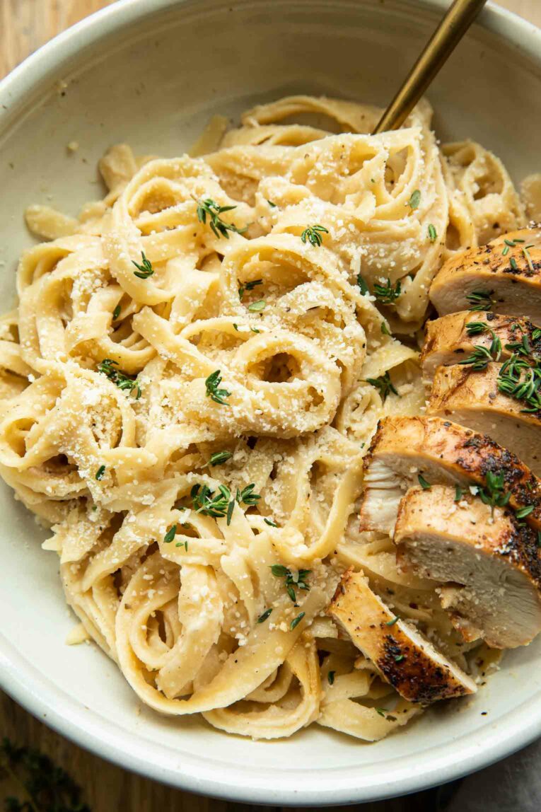 Healthy chicken alfredo recipe close up.