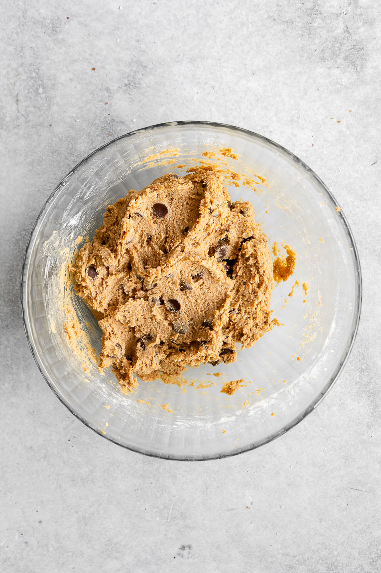 Oat Flour Chocolate Chip Cookie Dough in a mixing bowl.