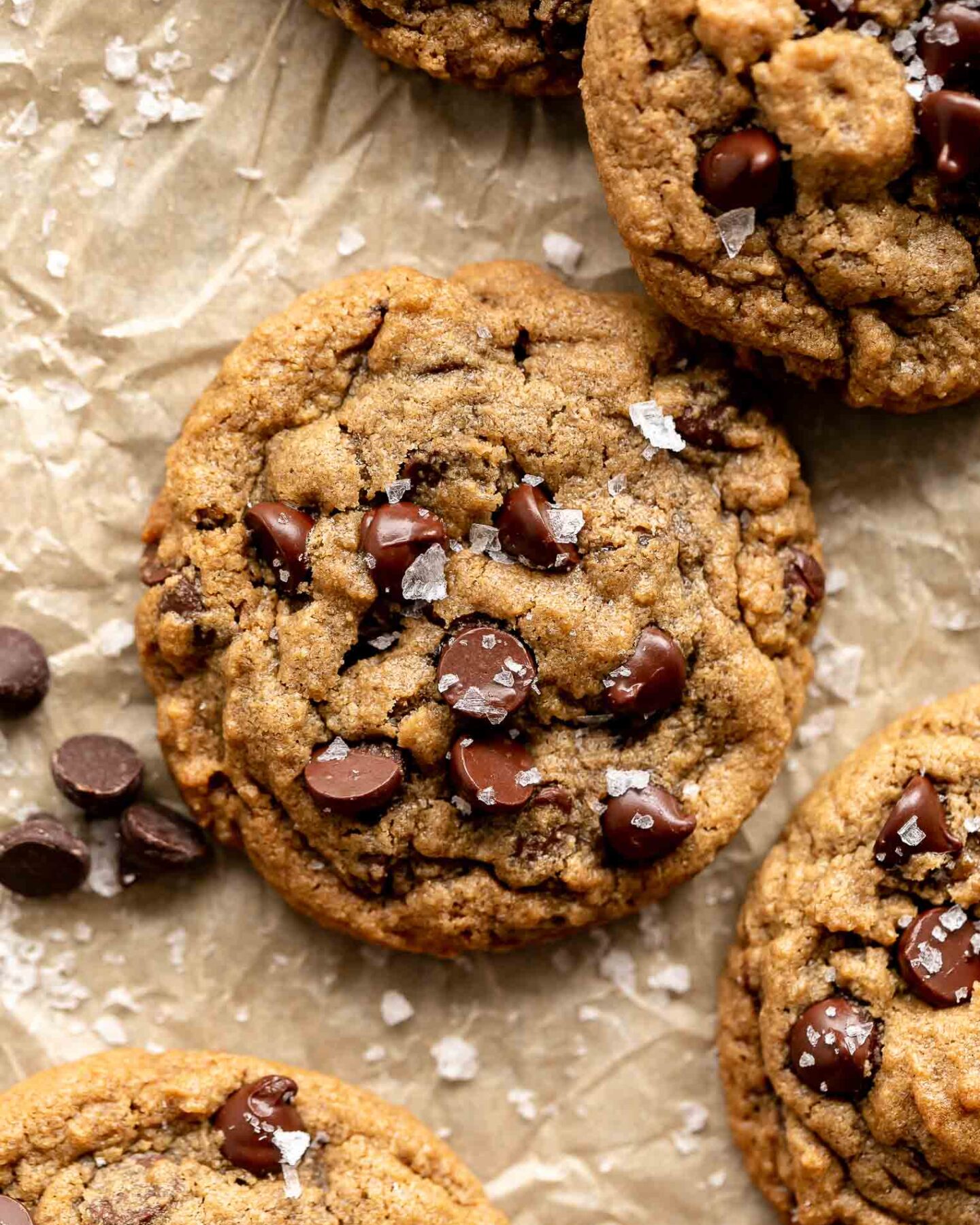 Oat Flour Chocolate Chip Cookies recipe on parchment paper.