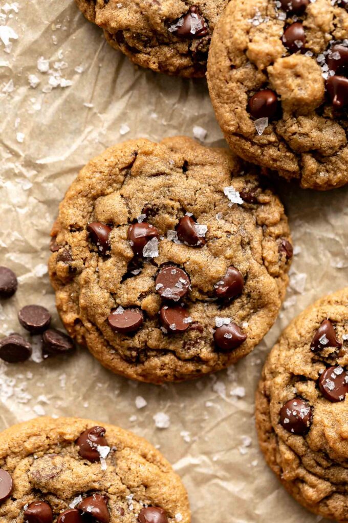 Oat Flour Chocolate Chip Cookies recipe on parchment paper.