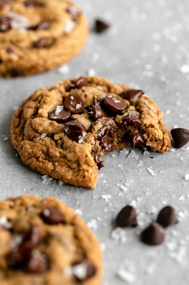 Oat Flour Chocolate Chip Cookie with bite taken out.