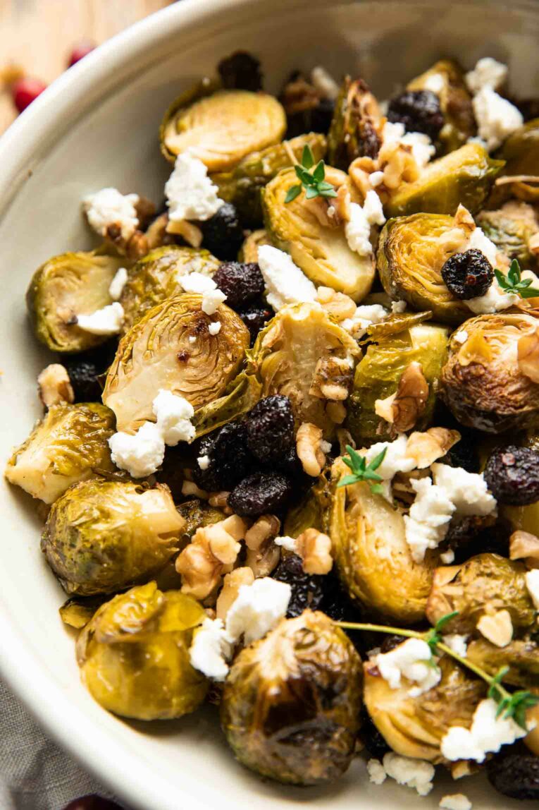 Angled close up of roasted brussels sprouts recipe.