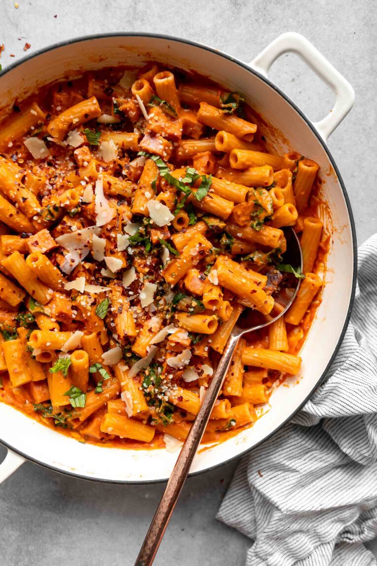 Spicy Vodka Ham Pasta in a dutch oven.