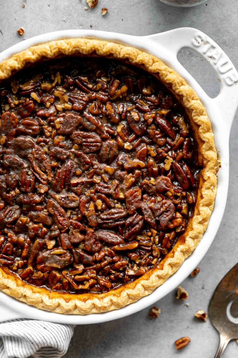 Close up of vegan pecan pie.