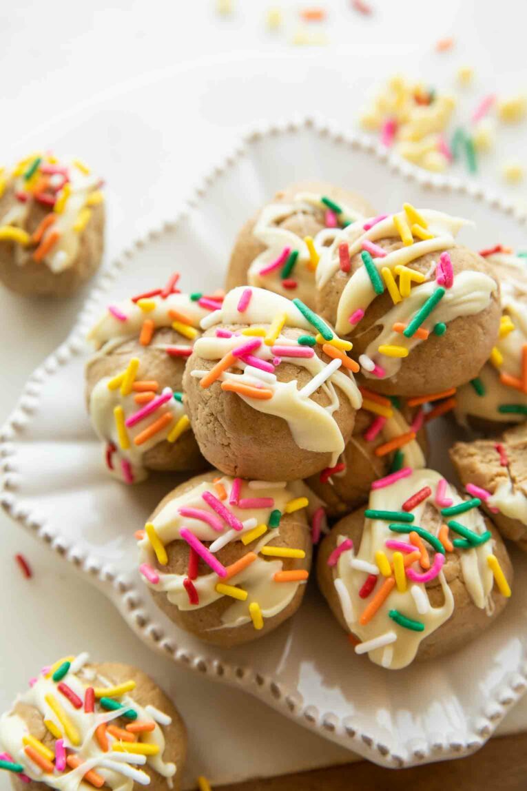 Angled photo of cake protein balls.