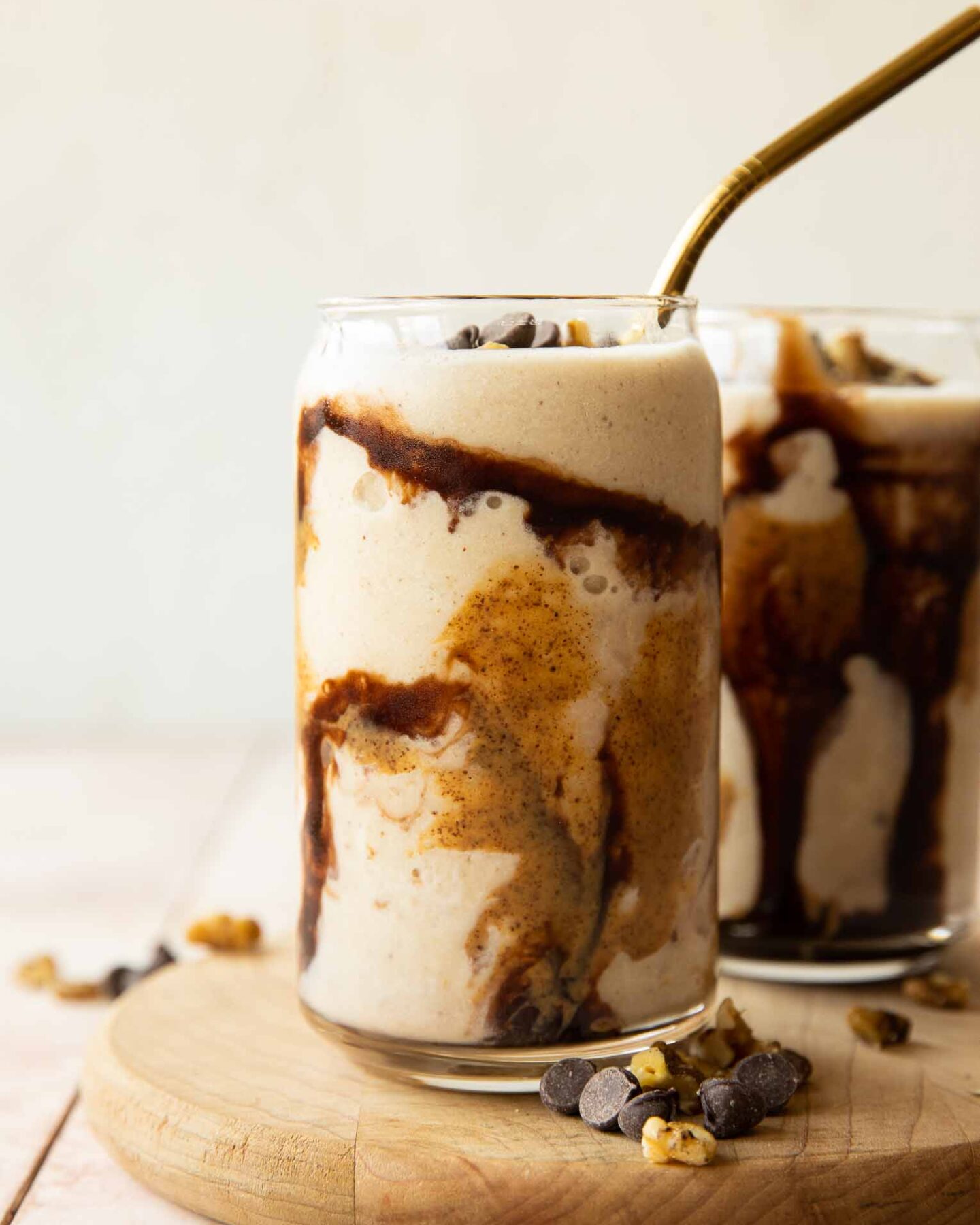 Across photo of Chunky Monkey Smoothie with chocolate and nut butter.