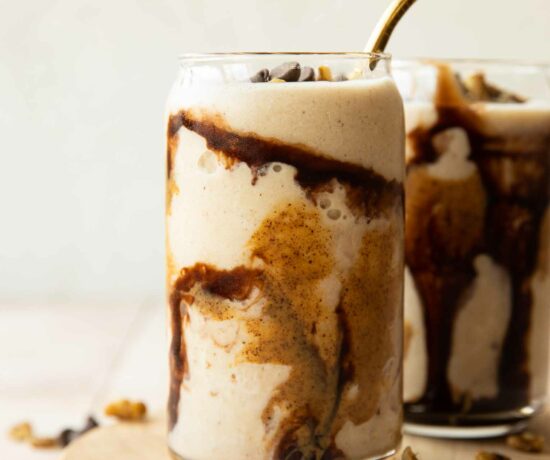Across photo of Chunky Monkey Smoothie with chocolate and nut butter.