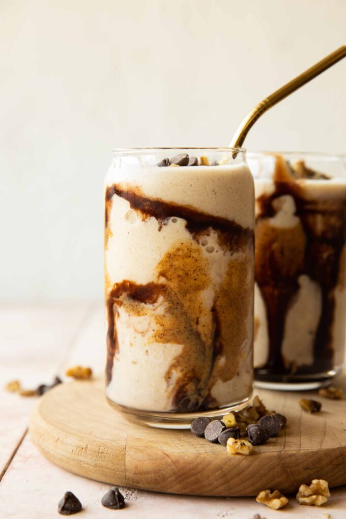 Across photo of Chunky Monkey Smoothie with chocolate and nut butter.