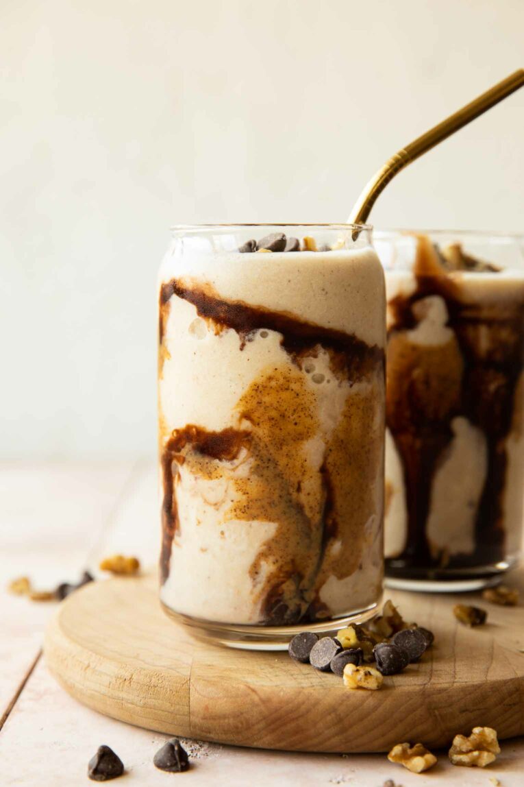 Across photo of Chunky Monkey Smoothie with chocolate and nut butter.