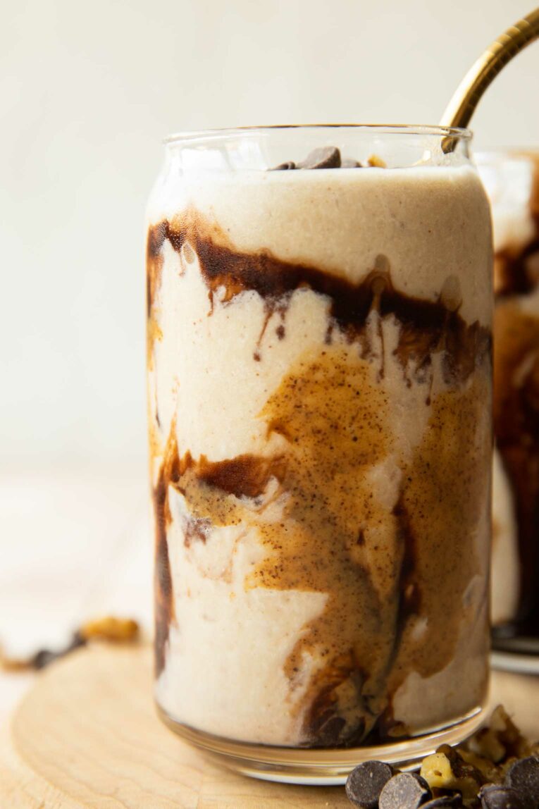 Indulgent healthy smoothie with banana, chocolate, and almond butter.