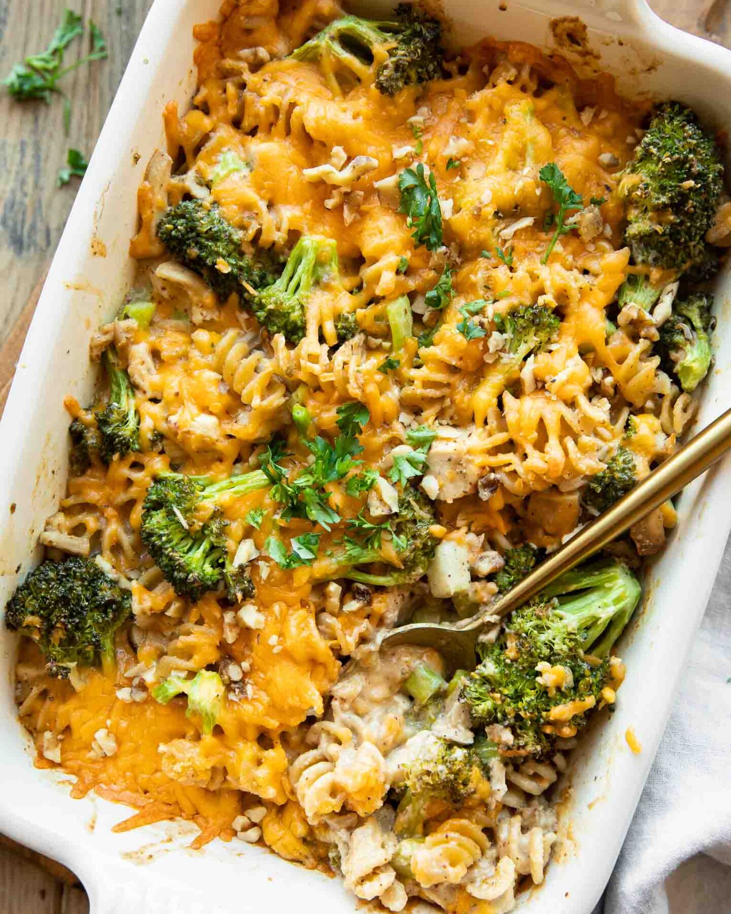 Healthy Chicken Broccoli Pasta Casserole in a casserole dish.