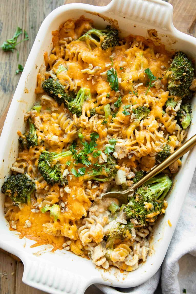 Healthy Chicken Broccoli Pasta Casserole in a casserole dish.