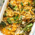 Close up of Healthy Chicken Broccoli Pasta Casserole.