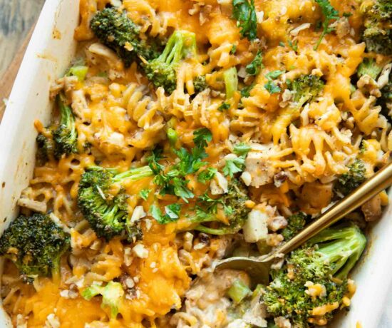 Close up of Healthy Chicken Broccoli Pasta Casserole.