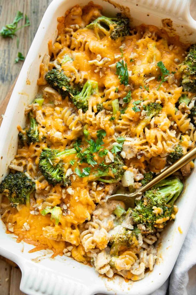 Close up of Healthy Chicken Broccoli Pasta Casserole.