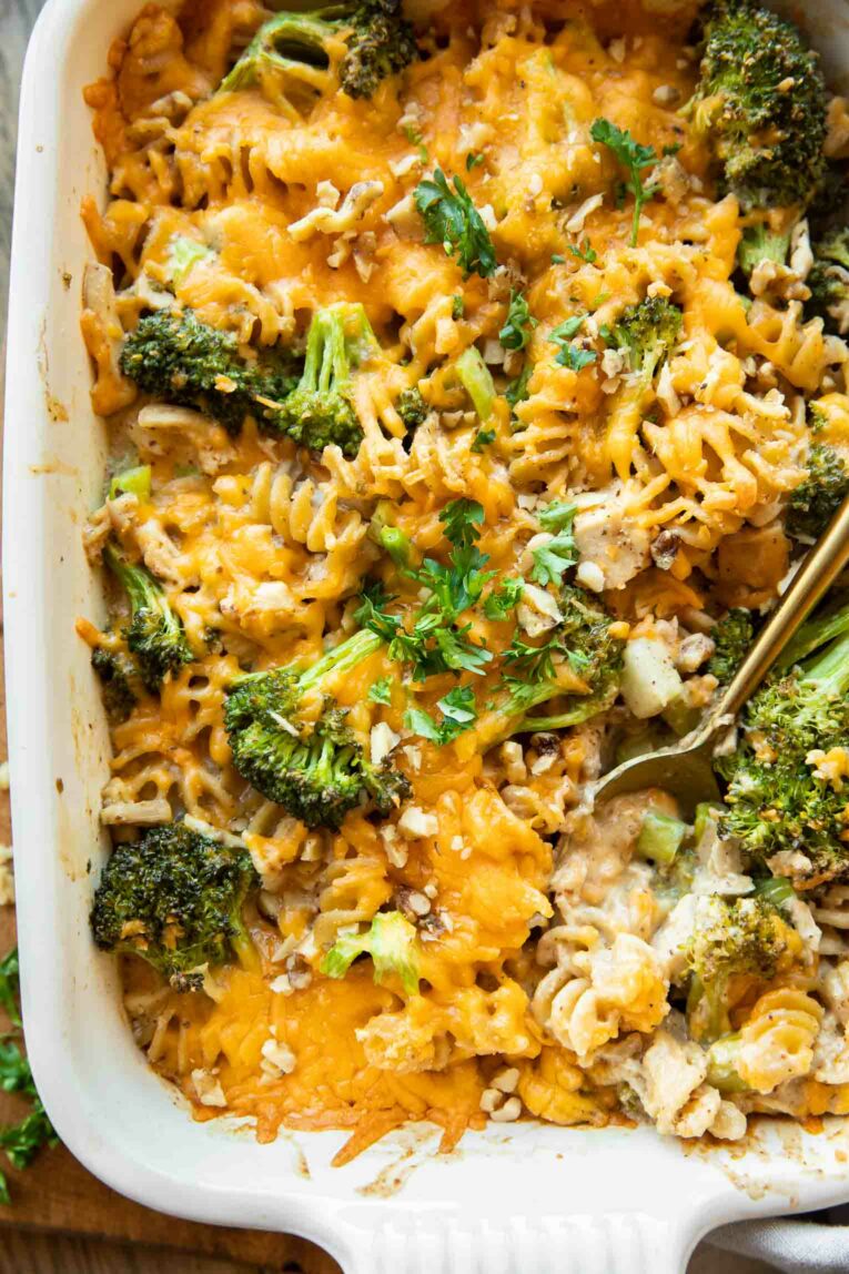 Healthy Chicken Broccoli Pasta Casserole with a spoon.