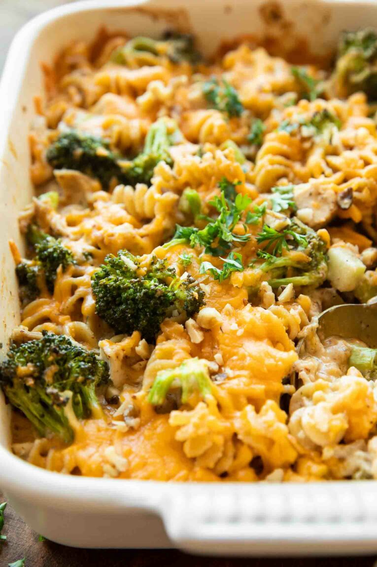 Angled photo of Healthy Chicken Broccoli Pasta Casserole.